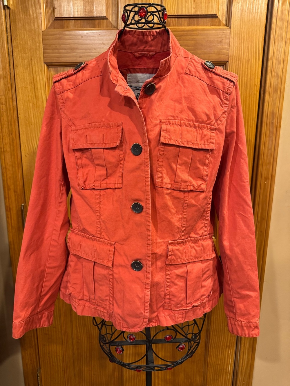 EUC Eddie Bauer Orange Button Down Cotton Utility Jacket 4 Cargo Pockets XL